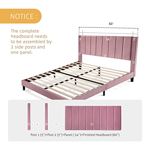 SHA CERLIN Full Size Vertical Channel Platform Bed Frame/Velvet Upholstered Bed Frame with Headboard/Strong Wood Slats Support/Mattress Foundation/No Box Spring Needed/Pink