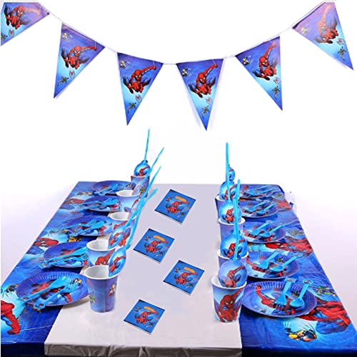 LOVSONG 72 PCS Spider Party Supplies Set Birthday Party Supplies Set Spider Table Cover Set - Serves 10 - Banner Flag , Spider Table Cover, Plates, Spider Cups, Napkins, Fork, Spoon, Knife, Straw