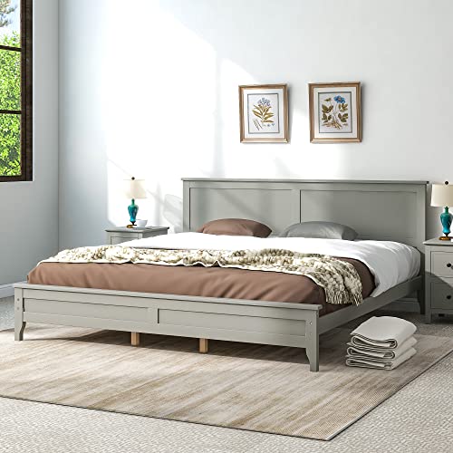 P PURLOVE King Size Platform Bed with Extra Support Leg,Modern Wood Platform Bed Frame with Headboard ,No Box Spring Need,Gray Bed Frame