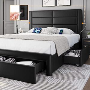 yaheetech full size bed frame with 2 usb charging stations/port for type a&type c/3 storage drawers, leather upholstered platform bed with headboard/solid wood slat support/no box spring needed/black