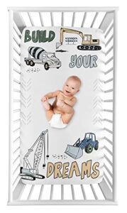 sweet jojo designs construction truck boy fitted crib sheet baby or toddler bed nursery photo op - grey yellow black blue and green transportation chevron arrow