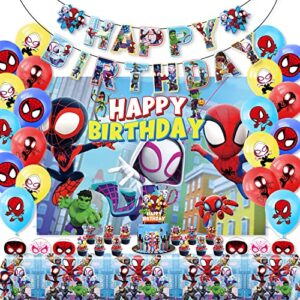 56pcs spidey and his amazing friends party supplies,spidey happy birthday party supplies include banner,tablecloths,masks,backdrop, ballon, cake topper and cupcake topper,birthday party supplies decorations for boys and girls