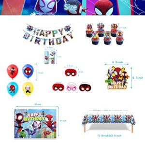 56PCS Spidey and His Amazing Friends Party Supplies,Spidey Happy Birthday Party Supplies Include Banner,Tablecloths,Masks,BackDrop, Ballon, Cake Topper and Cupcake Topper,Birthday Party Supplies Decorations for Boys and Girls