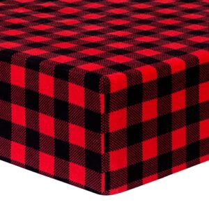 red and black buffalo check deluxe flannel fitted crib sheet-buffalo check print, cotton flannel, red, black, fully elasticized, 10 in deep pockets, fits standard crib mattress 28 in x 52 in