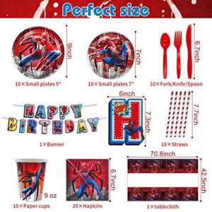 Spider Party Supplies Superhero Birthday Set, Including Plate, Napkin, Cup, Knife Fork, Spoon, Tablecloth、Straws and Pull flags， Spider Birthday Decorations For Boys and Girls