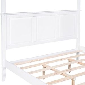 CITYLIGHT Canopy Bed with Headboard & Footboard,Wooden Canopy Bed Frame Queen , Queen Platform Bed Frame with Slat Support Legs for Teens Adults, No Box Spring Needed (Queen ,White)