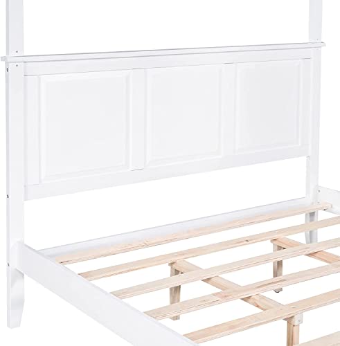 CITYLIGHT Canopy Bed with Headboard & Footboard,Wooden Canopy Bed Frame Queen , Queen Platform Bed Frame with Slat Support Legs for Teens Adults, No Box Spring Needed (Queen ,White)