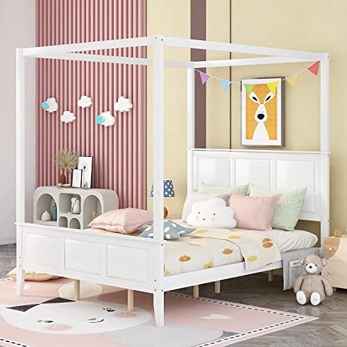 CITYLIGHT Canopy Bed with Headboard & Footboard,Wooden Canopy Bed Frame Queen , Queen Platform Bed Frame with Slat Support Legs for Teens Adults, No Box Spring Needed (Queen ,White)