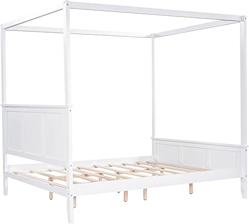 CITYLIGHT Canopy Bed with Headboard & Footboard,Wooden Canopy Bed Frame Queen , Queen Platform Bed Frame with Slat Support Legs for Teens Adults, No Box Spring Needed (Queen ,White)