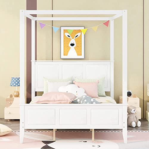 CITYLIGHT Canopy Bed with Headboard & Footboard,Wooden Canopy Bed Frame Queen , Queen Platform Bed Frame with Slat Support Legs for Teens Adults, No Box Spring Needed (Queen ,White)