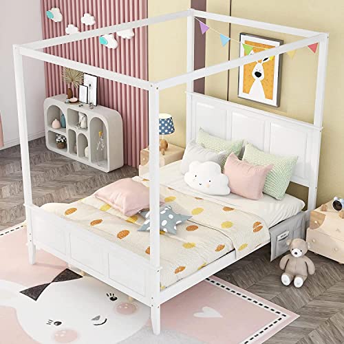 CITYLIGHT Canopy Bed with Headboard & Footboard,Wooden Canopy Bed Frame Queen , Queen Platform Bed Frame with Slat Support Legs for Teens Adults, No Box Spring Needed (Queen ,White)