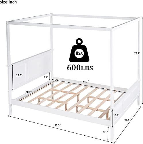 CITYLIGHT Canopy Bed with Headboard & Footboard,Wooden Canopy Bed Frame Queen , Queen Platform Bed Frame with Slat Support Legs for Teens Adults, No Box Spring Needed (Queen ,White)