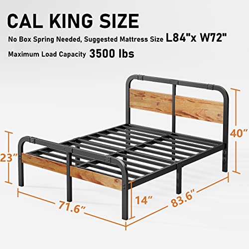 Breezehome California King Bed Frame with Rustic Wood Headboard and Footboard, 14 Inch Heavy Duty 3500lbs Steel Slat Support for Mattress, Noise-Free Platform, No Box Spring Needed