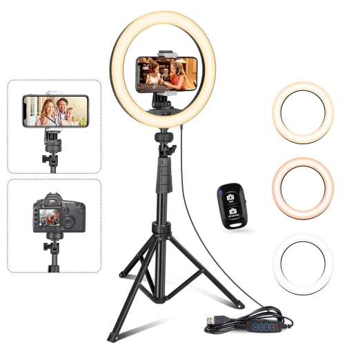 UBeesize 10''Selfie Ring Light with 62''Tripod Stand, Led Ring Light with Phone Holder and Remote for Video Recording/Zoom Meeting (YouTube/ Tiktok/Twitch), Compatible with Phones, Cameras & Webcams