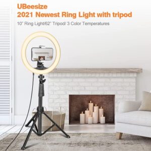 UBeesize 10''Selfie Ring Light with 62''Tripod Stand, Led Ring Light with Phone Holder and Remote for Video Recording/Zoom Meeting (YouTube/ Tiktok/Twitch), Compatible with Phones, Cameras & Webcams