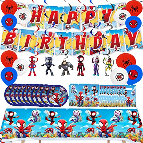 Spidery and His Amazing Heroes Friends Birthday Party Favor Decorations Supplies Included Tablecloth, Napkins, Banner, Plates, Balloons, Candy Gift Bags and Hanging Swirls for Kids Boys Girls