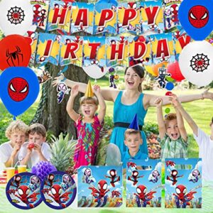 Spidery and His Amazing Heroes Friends Birthday Party Favor Decorations Supplies Included Tablecloth, Napkins, Banner, Plates, Balloons, Candy Gift Bags and Hanging Swirls for Kids Boys Girls