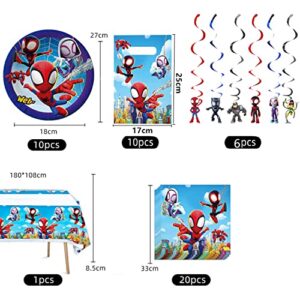 Spidery and His Amazing Heroes Friends Birthday Party Favor Decorations Supplies Included Tablecloth, Napkins, Banner, Plates, Balloons, Candy Gift Bags and Hanging Swirls for Kids Boys Girls