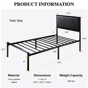 SHA CERLIN Modern Twin Size Metal Bed Frame with Geometric Litchi Grain Leather Headboard, Platform Bed with 12" Underbed Storage Space, Metal Slat Support, Noise Free, No Box Spring Needed, Black