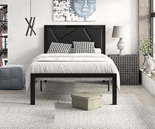 SHA CERLIN Modern Twin Size Metal Bed Frame with Geometric Litchi Grain Leather Headboard, Platform Bed with 12" Underbed Storage Space, Metal Slat Support, Noise Free, No Box Spring Needed, Black