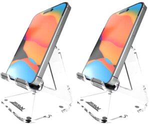 zaw acrylic cell phone stand, office desk accessories clear phone stand for desk, 4mm acrylic phone holder, compatible with iphone 14 pro, samsung s21 s20 smartphones (2xpack)