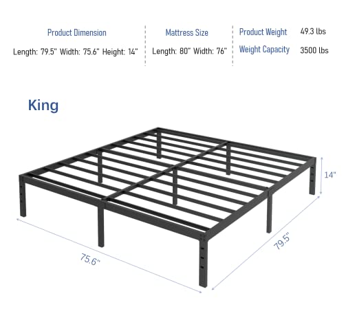 Joeffany 14" H King Bed Frame with Storage, 3500 lbs Heavy Duty Black Metal Platform Bed, No Box Spring Needed Mattress Foundation, Quick Assembly, No Box Spring Needed Black