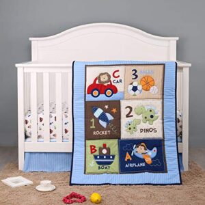 3 pcs blue nursery crib bedding set rocket plane boat car baby bedding crib set baby quilt + fitted sheet + skirt boy gift idea