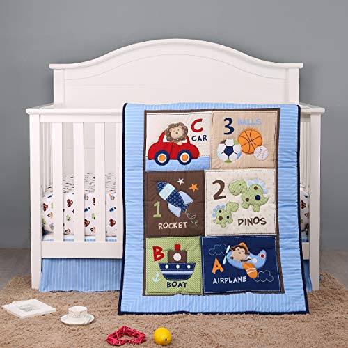 3 PCs Blue Nursery Crib Bedding Set Rocket Plane Boat Car Baby Bedding Crib Set Baby Quilt + Fitted Sheet + Skirt Boy Gift Idea