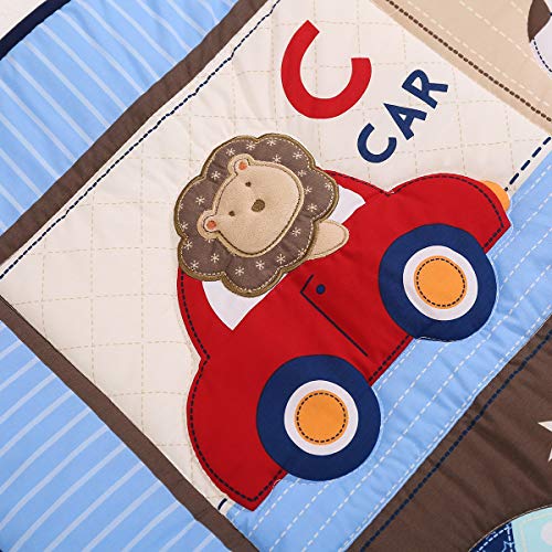 3 PCs Blue Nursery Crib Bedding Set Rocket Plane Boat Car Baby Bedding Crib Set Baby Quilt + Fitted Sheet + Skirt Boy Gift Idea