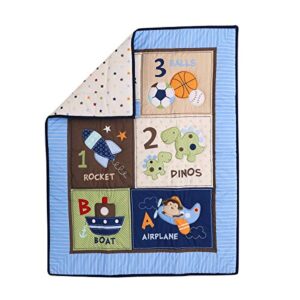 3 PCs Blue Nursery Crib Bedding Set Rocket Plane Boat Car Baby Bedding Crib Set Baby Quilt + Fitted Sheet + Skirt Boy Gift Idea