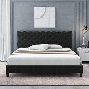 hostack king size bed frame, modern upholstered platform bed with adjustable headboard, heavy duty button tufted bed frame with wood slat support, easy assembly, no box spring needed (black, king)