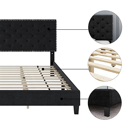 HOSTACK King Size Bed Frame, Modern Upholstered Platform Bed with Adjustable Headboard, Heavy Duty Button Tufted Bed Frame with Wood Slat Support, Easy Assembly, No Box Spring Needed (Black, King)
