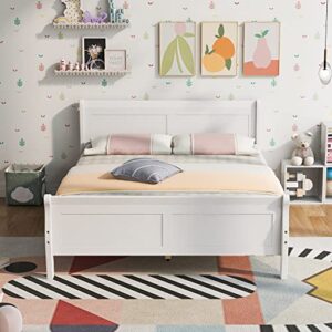 harper & bright designs wooden full platform bed full bed frame with headboard and footboard, sleigh bed with wood slat support (full, white)