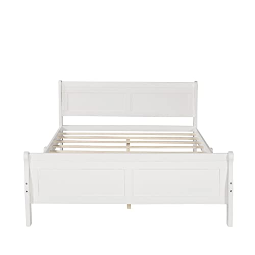 Harper & Bright Designs Wooden Full Platform Bed Full Bed Frame with Headboard and Footboard, Sleigh Bed with Wood Slat Support (Full, White)