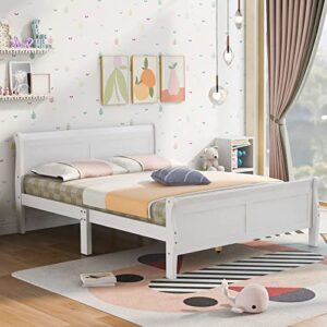 Harper & Bright Designs Wooden Full Platform Bed Full Bed Frame with Headboard and Footboard, Sleigh Bed with Wood Slat Support (Full, White)