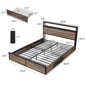 ARTETHYS Queen Led Bed Frame with 4 Storage Drawers, Wood Bed Frame with 2-Tires Storage Headboard and Charging Station, Metal Platform Bed with 2 Free Storage Bags, Noise-Free, No Box Spring Needed