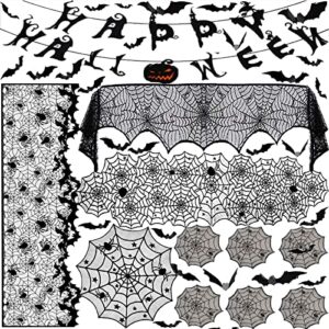 7 pack halloween decorations indoor set- halloween fireplace mantel scarf&spider table runners&round tablecloth&halloween banner&cobweb lampshade&coasters&3d bat sticker for halloween party decors (a)