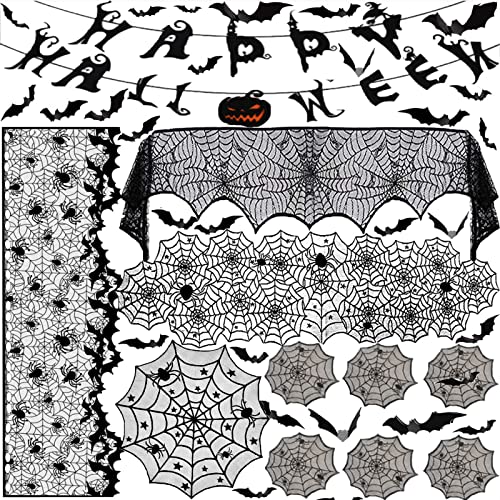 7 Pack Halloween Decorations Indoor Set- Halloween Fireplace Mantel Scarf&Spider Table Runners&Round Tablecloth&Halloween Banner&Cobweb Lampshade&Coasters&3D Bat Sticker for Halloween Party Decors (A)