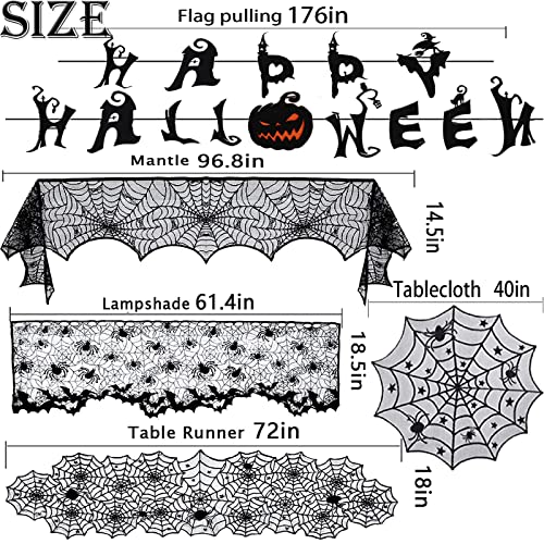 7 Pack Halloween Decorations Indoor Set- Halloween Fireplace Mantel Scarf&Spider Table Runners&Round Tablecloth&Halloween Banner&Cobweb Lampshade&Coasters&3D Bat Sticker for Halloween Party Decors (A)