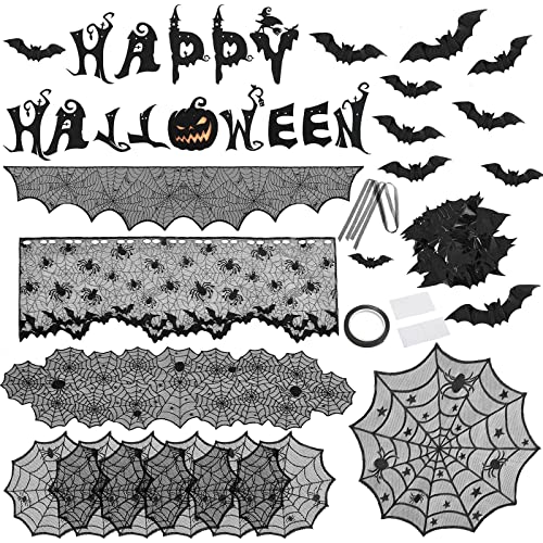 7 Pack Halloween Decorations Indoor Set- Halloween Fireplace Mantel Scarf&Spider Table Runners&Round Tablecloth&Halloween Banner&Cobweb Lampshade&Coasters&3D Bat Sticker for Halloween Party Decors (A)