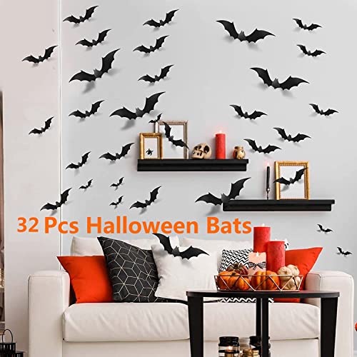 7 Pack Halloween Decorations Indoor Set- Halloween Fireplace Mantel Scarf&Spider Table Runners&Round Tablecloth&Halloween Banner&Cobweb Lampshade&Coasters&3D Bat Sticker for Halloween Party Decors (A)