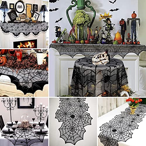 7 Pack Halloween Decorations Indoor Set- Halloween Fireplace Mantel Scarf&Spider Table Runners&Round Tablecloth&Halloween Banner&Cobweb Lampshade&Coasters&3D Bat Sticker for Halloween Party Decors (A)