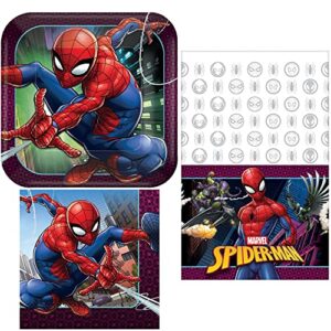 spider man webbed wonder- napkins, plates, table cover party bundle for 16 people - includes 1 maze game activity card by classicvariety