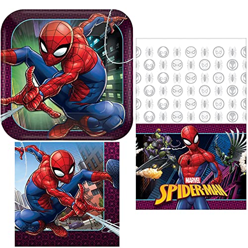 Spider Man Webbed Wonder- Napkins, Plates, Table Cover Party Bundle for 16 People - Includes 1 Maze Game Activity Card by ClassicVariety