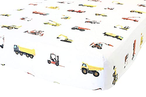 Bundle of ADDISON BELLE Products - 100% Cotton Fitted Crib Sheet + Everything Blanket - Construction Trucks - Soft, Durable & Breathable