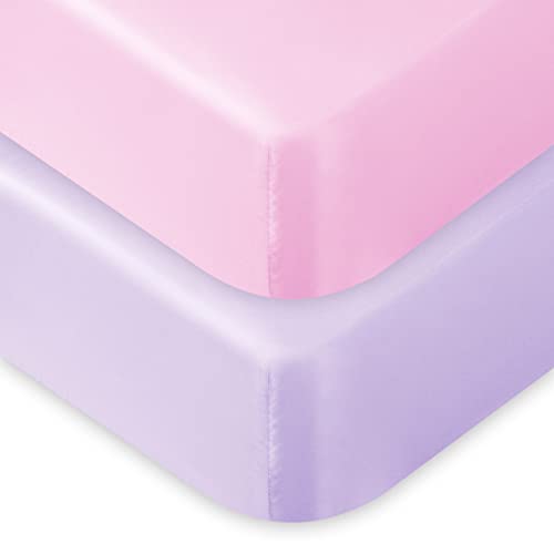 Yeeeasy Soft Satin Crib Sheet Protect Baby Hair 52’’x28’’x8’’ Fitted Crib Mattress Sheets for Girls, 2 Pack, Pink and Lavender Purple