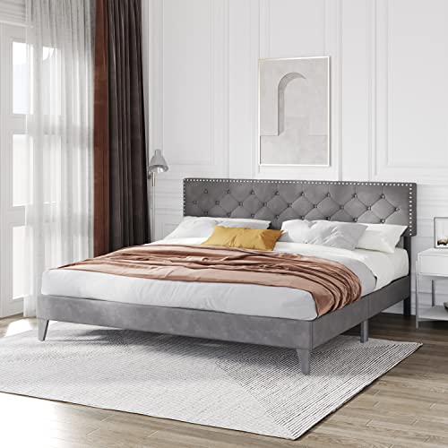 Catrimown King Size Bed Frame with Adjustable Headboard, Modern Velvet Upholstered Platform Bed Frame, Wooden Slat Support, Mattress Foundation, No Box Spring Needed, Easy Assembly, (Grey, King)