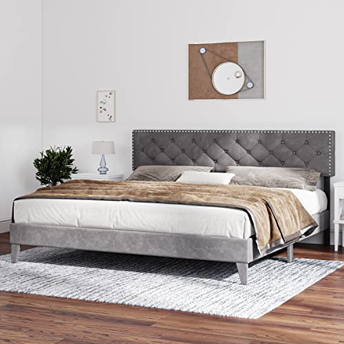 Catrimown King Size Bed Frame with Adjustable Headboard, Modern Velvet Upholstered Platform Bed Frame, Wooden Slat Support, Mattress Foundation, No Box Spring Needed, Easy Assembly, (Grey, King)