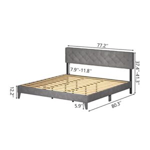 Catrimown King Size Bed Frame with Adjustable Headboard, Modern Velvet Upholstered Platform Bed Frame, Wooden Slat Support, Mattress Foundation, No Box Spring Needed, Easy Assembly, (Grey, King)