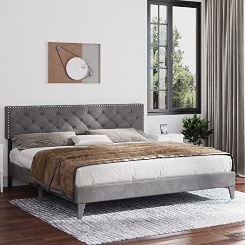 Catrimown King Size Bed Frame with Adjustable Headboard, Modern Velvet Upholstered Platform Bed Frame, Wooden Slat Support, Mattress Foundation, No Box Spring Needed, Easy Assembly, (Grey, King)